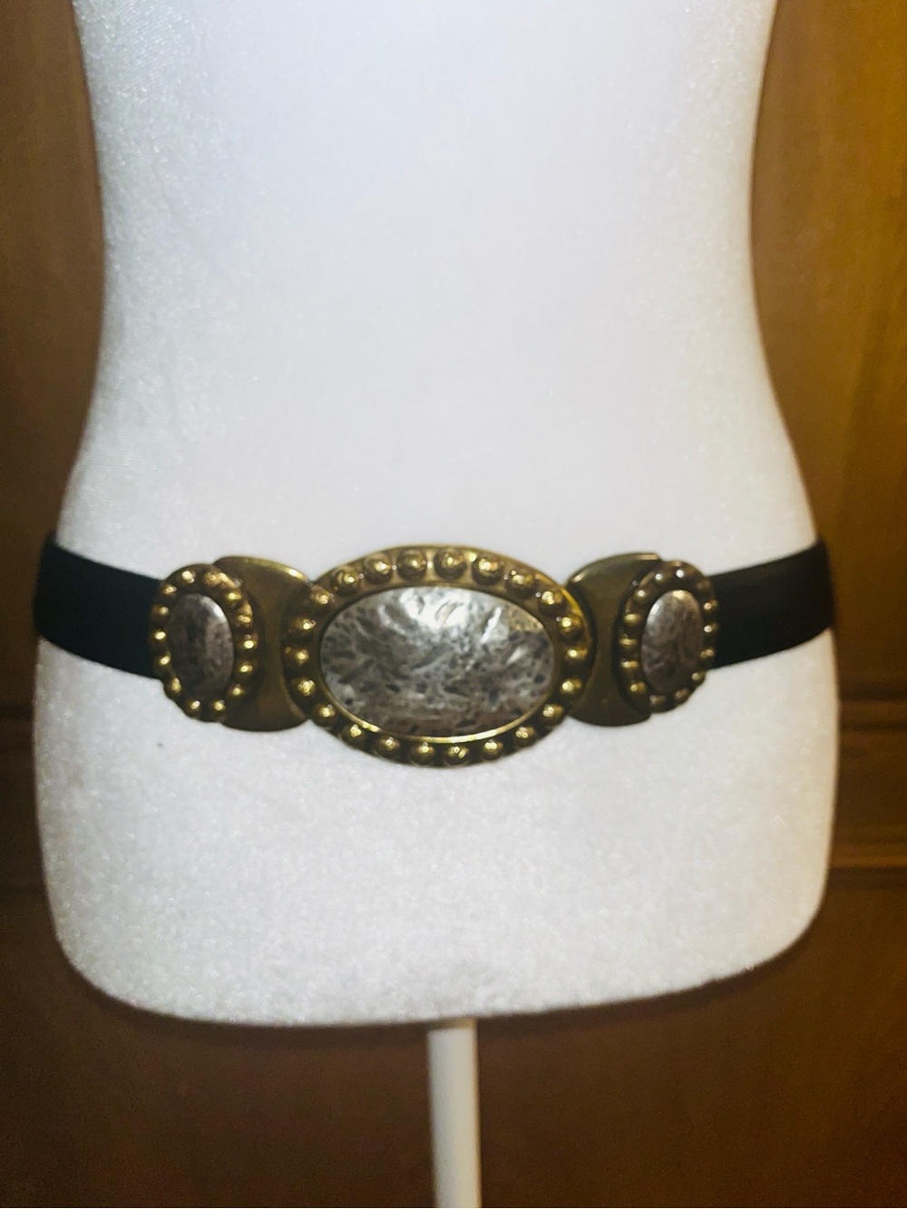 S/M Chico's Vintage Black Leather Gold Silver Medallion Buckle Adjustable